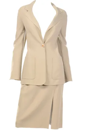 2000s Celine Sand Beige Wool Blend Skirt & Jacket Suit