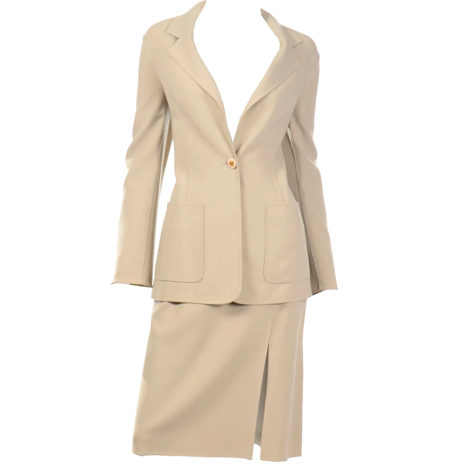 2000s Celine Sand Beige Wool Blend Skirt & Jacket Suit