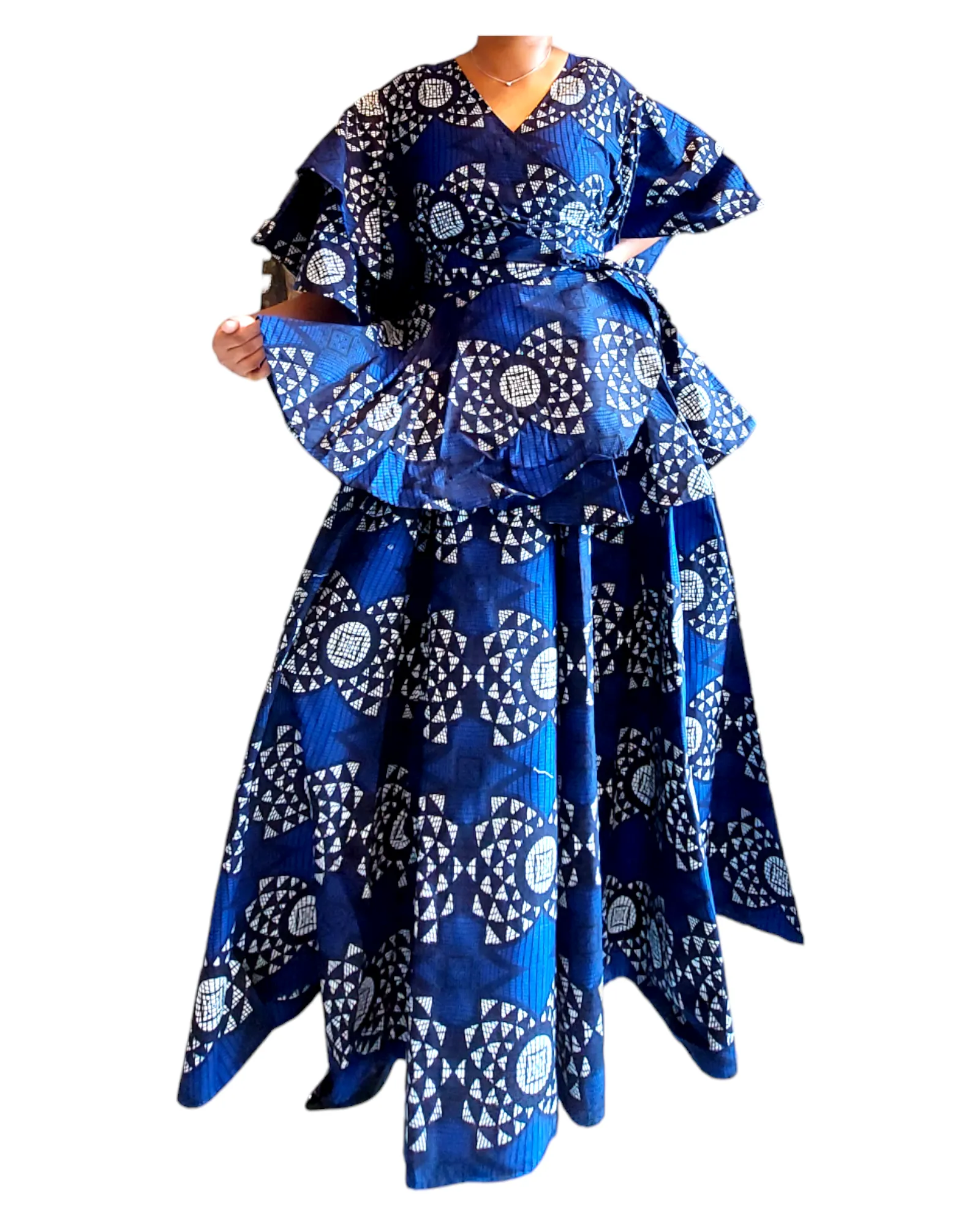 7001 Set / Long Skirt and Wrap Blouse  / Blue Print