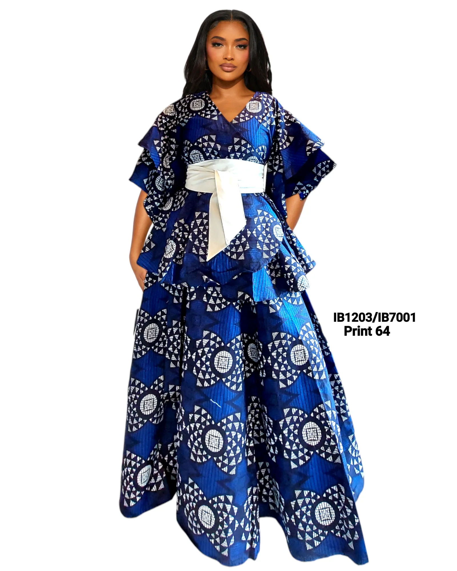 7001 Set / Long Skirt and Wrap Blouse  / Blue Print