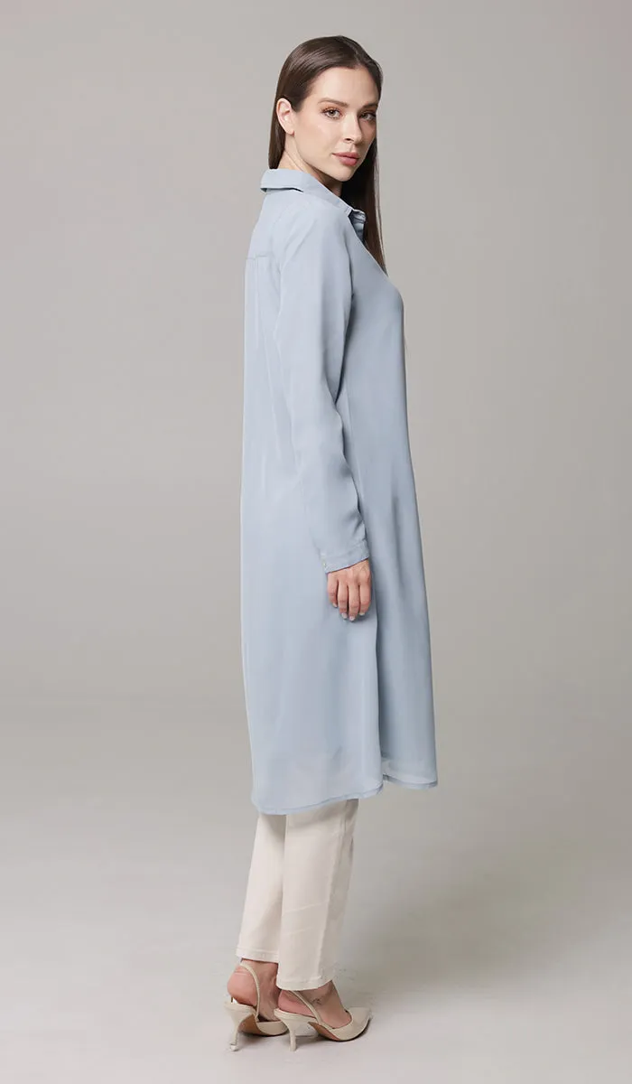 Asra Long Flowy Buttondown Shirt Jacket - Powder Blue