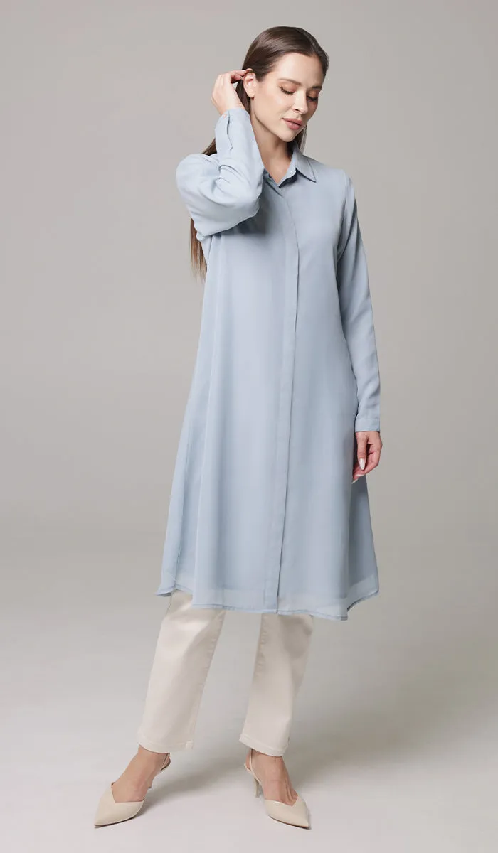 Asra Long Flowy Buttondown Shirt Jacket - Powder Blue