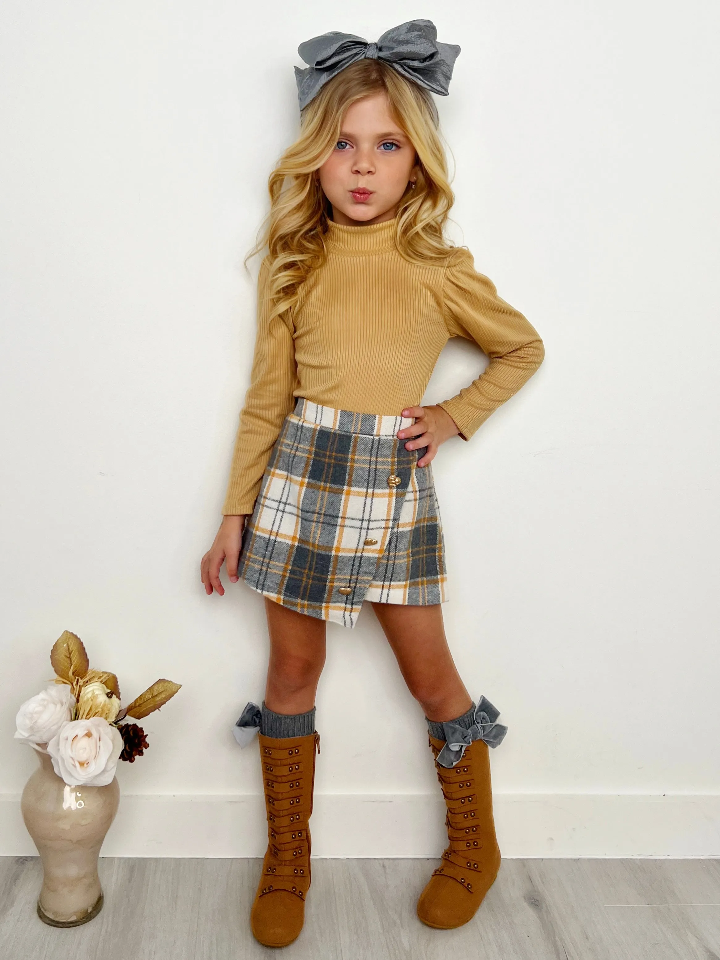 Beige Turtleneck Top and Plaid Skort Set