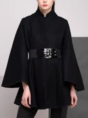 Belted Black Flared-Sleeve Cape Coat