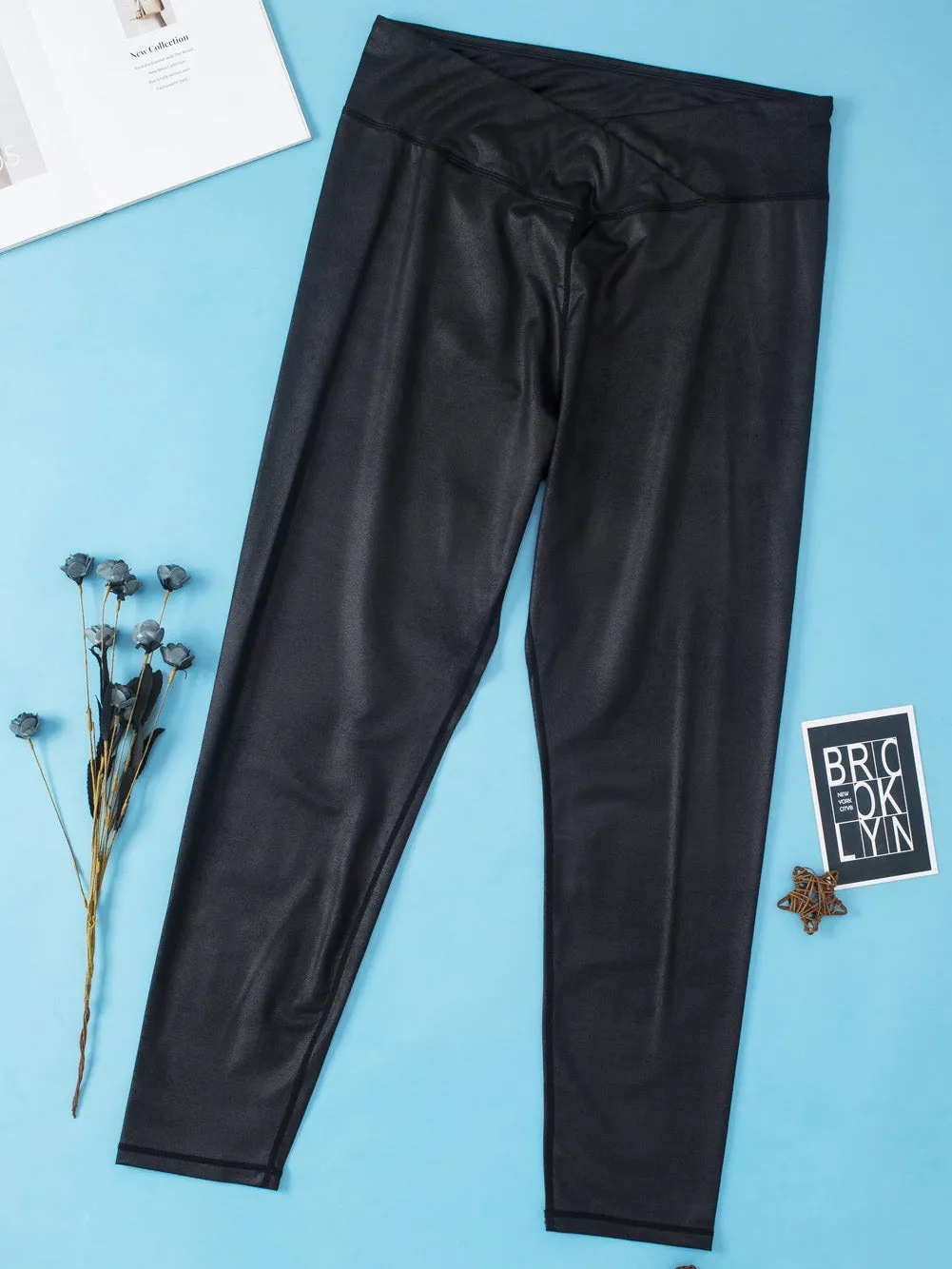 Black Plus Size Crossover Faux Leather Leggings