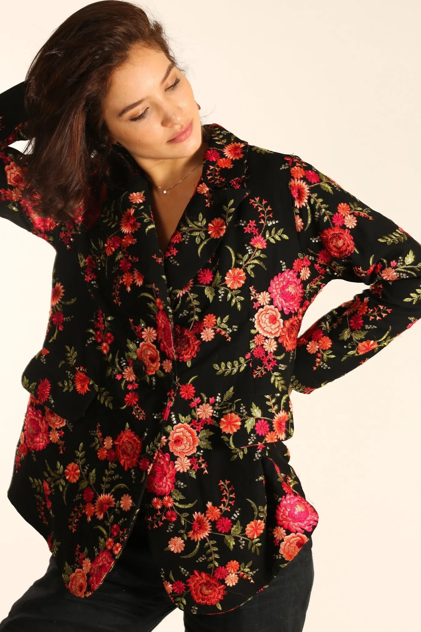 BLACK ROSE EMBROIDERED NOVELTY BLAZER JACKET MANON