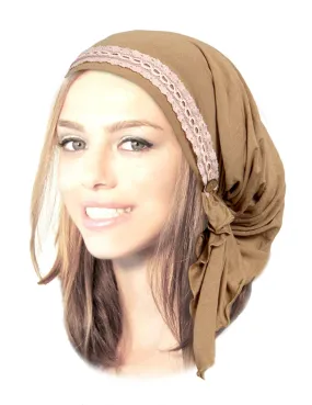 Boho Chic Khaki Beige Tan Head-scarf Tichel Embellished with Vintage Lace Coconut Buttons (Khaki blush pink short - 373)