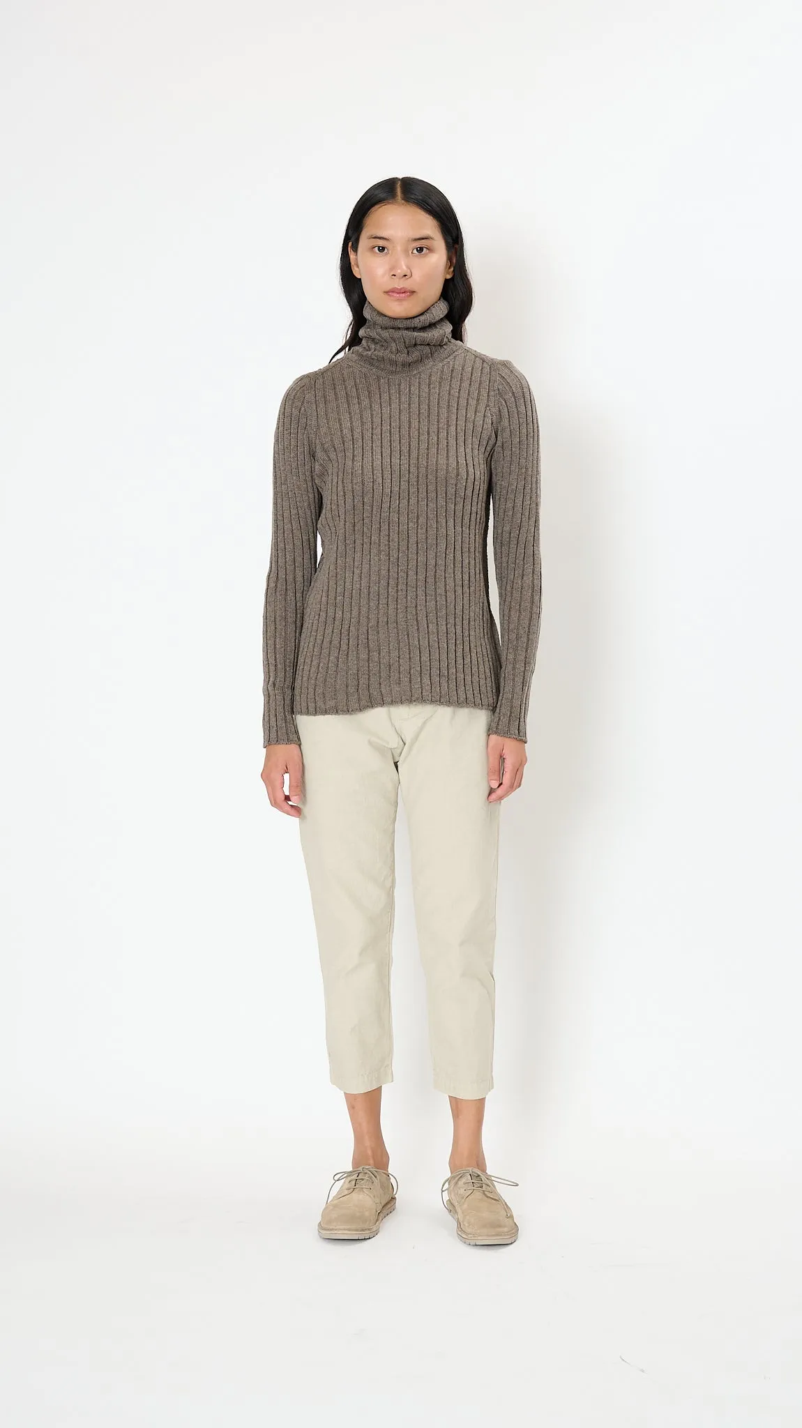 Cashmere Lamb Ribbed Turtleneck Pullover in Greige