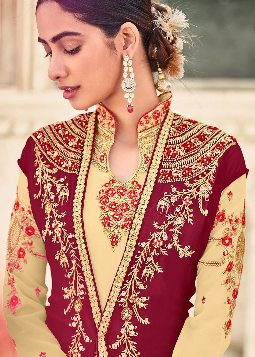 Cream Jacket Style Embroidered Designer Anarkali Suit