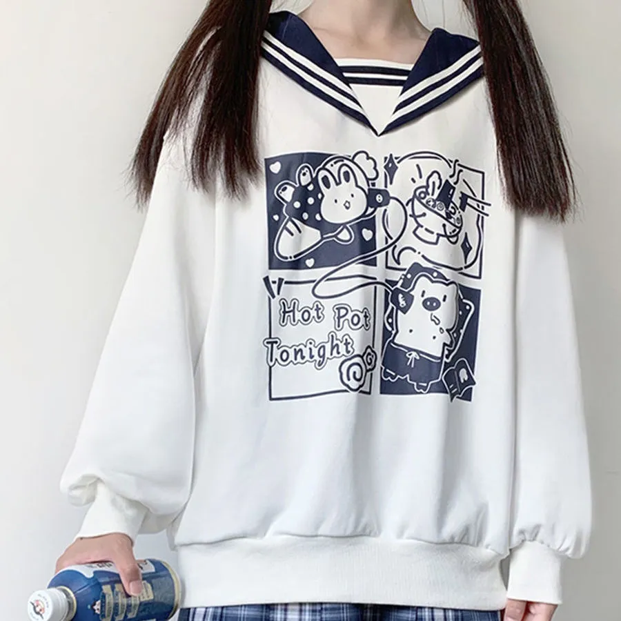 Cute Seafarer Chic: Kawaii Sailor Collar Cartoon Letter Sweatshirt - Set Sail in Style! ⚓💙