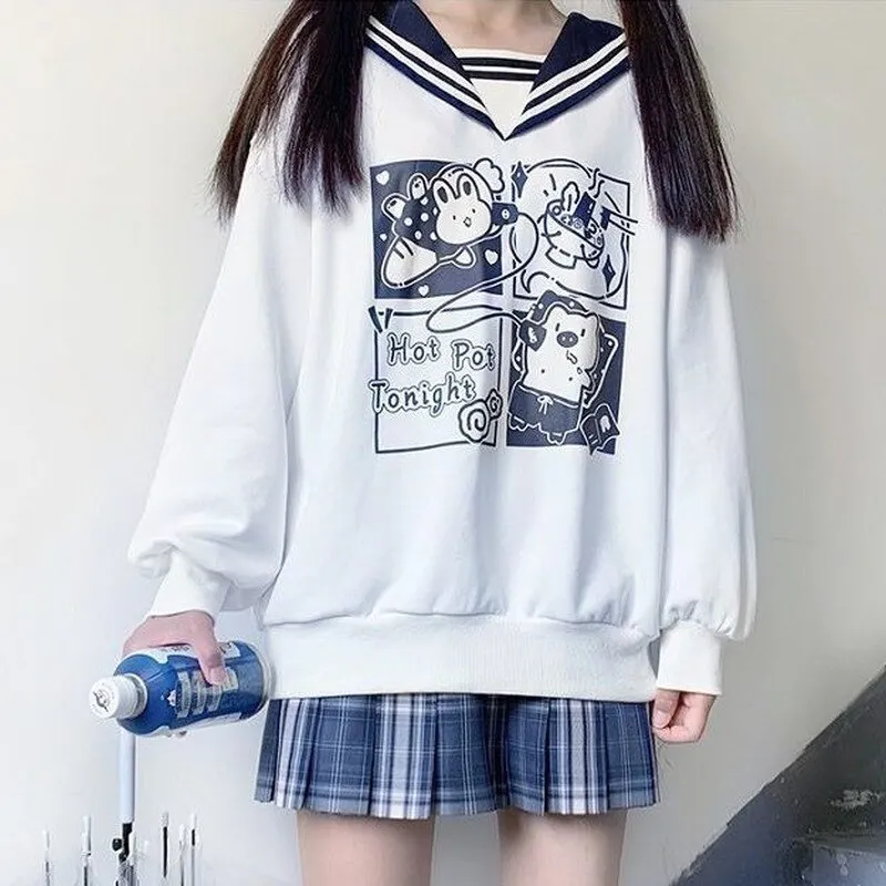 Cute Seafarer Chic: Kawaii Sailor Collar Cartoon Letter Sweatshirt - Set Sail in Style! ⚓💙