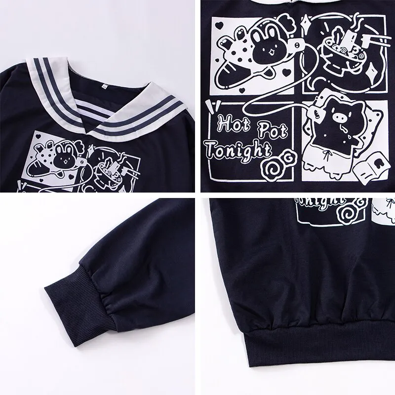 Cute Seafarer Chic: Kawaii Sailor Collar Cartoon Letter Sweatshirt - Set Sail in Style! ⚓💙