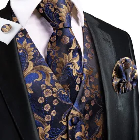 Dark Blue Golden Paisley Silk Men's Vest Hanky Cufflinks Tie Set Waistcoat Suit Set