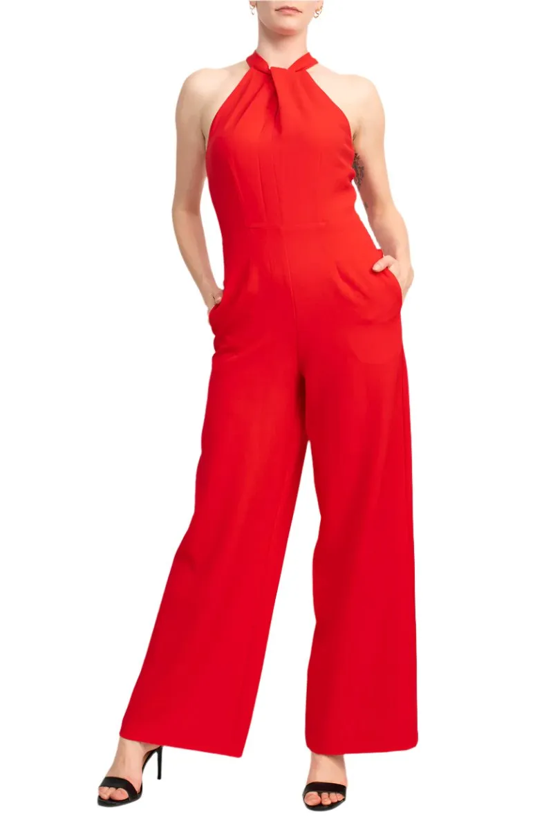 Donna Ricco Halter Chain Neck Keyhole Front Sleeveless Zipper Back Pockets Solid Crepe Jumpsuit