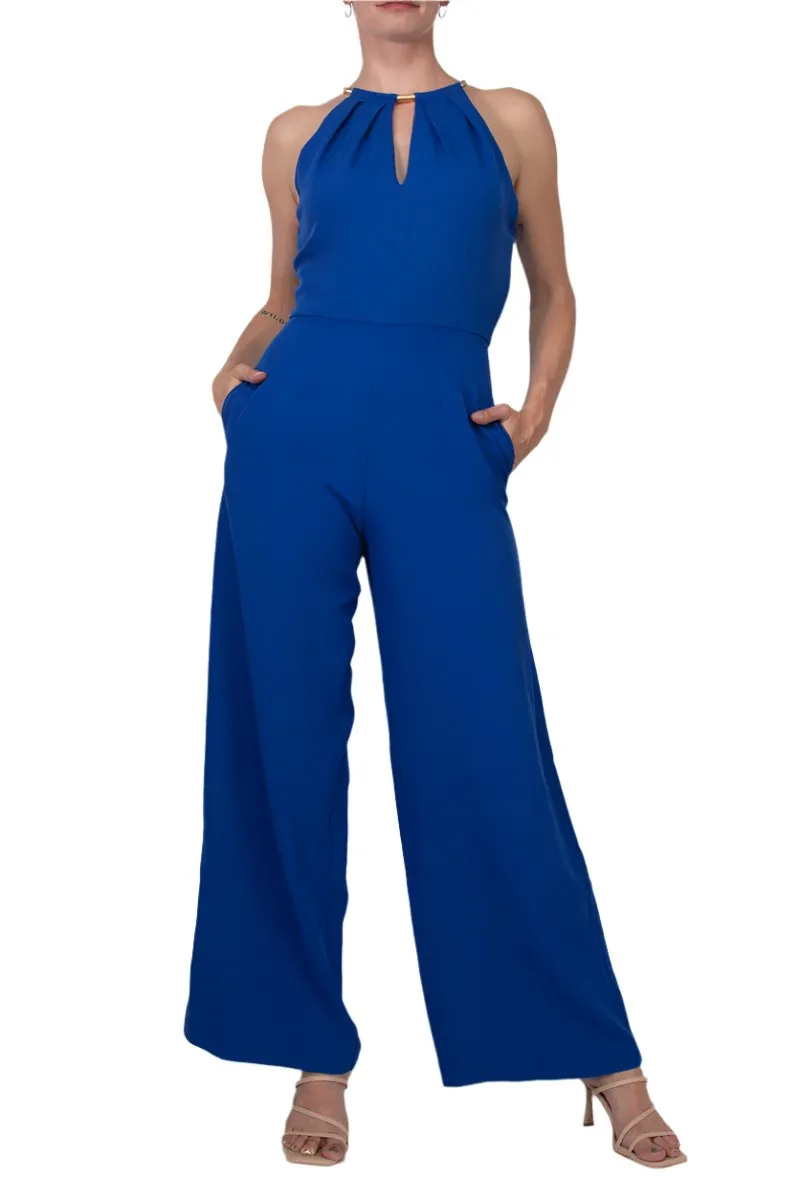 Donna Ricco Halter Chain Neck Keyhole Front Sleeveless Zipper Back Pockets Solid Crepe Jumpsuit