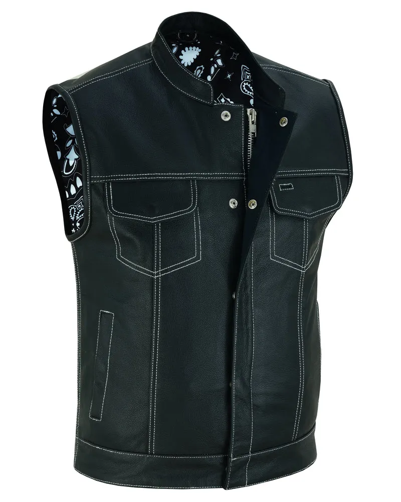 DS164 Men's Paisley Black Leather Motorcycle Vest with White Stitching