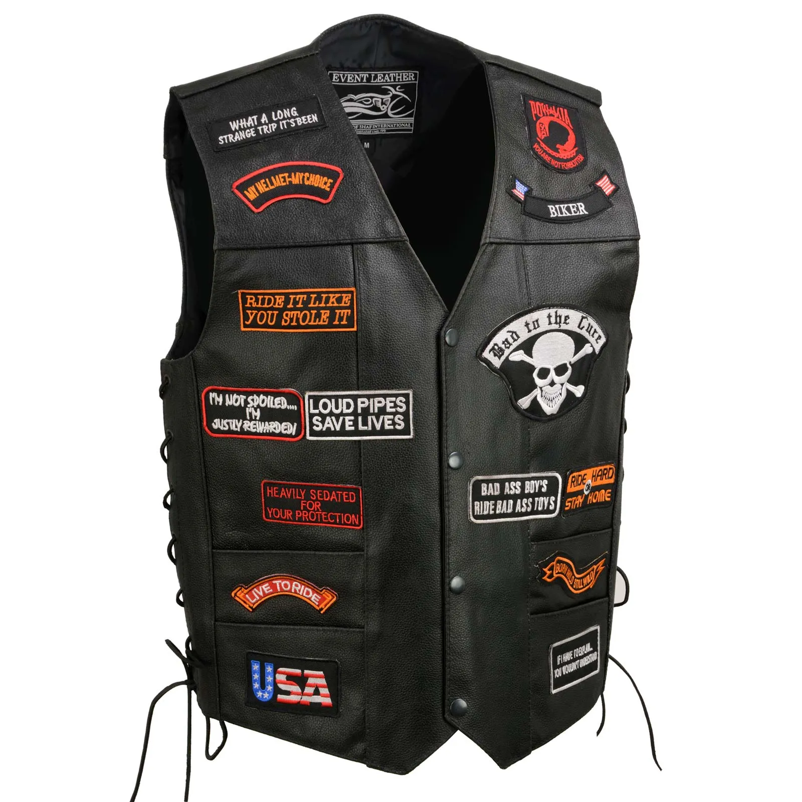 Event Leather Men's Genuine Motorcycle Leather Patched Biker Vest w/6