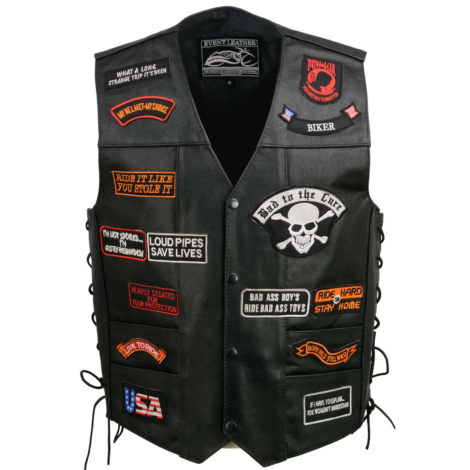 Event Leather Men's Genuine Motorcycle Leather Patched Biker Vest w/6