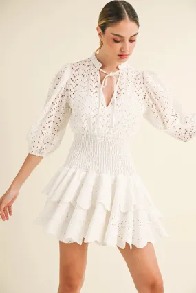 Eyelet Smocked Dress-WHT