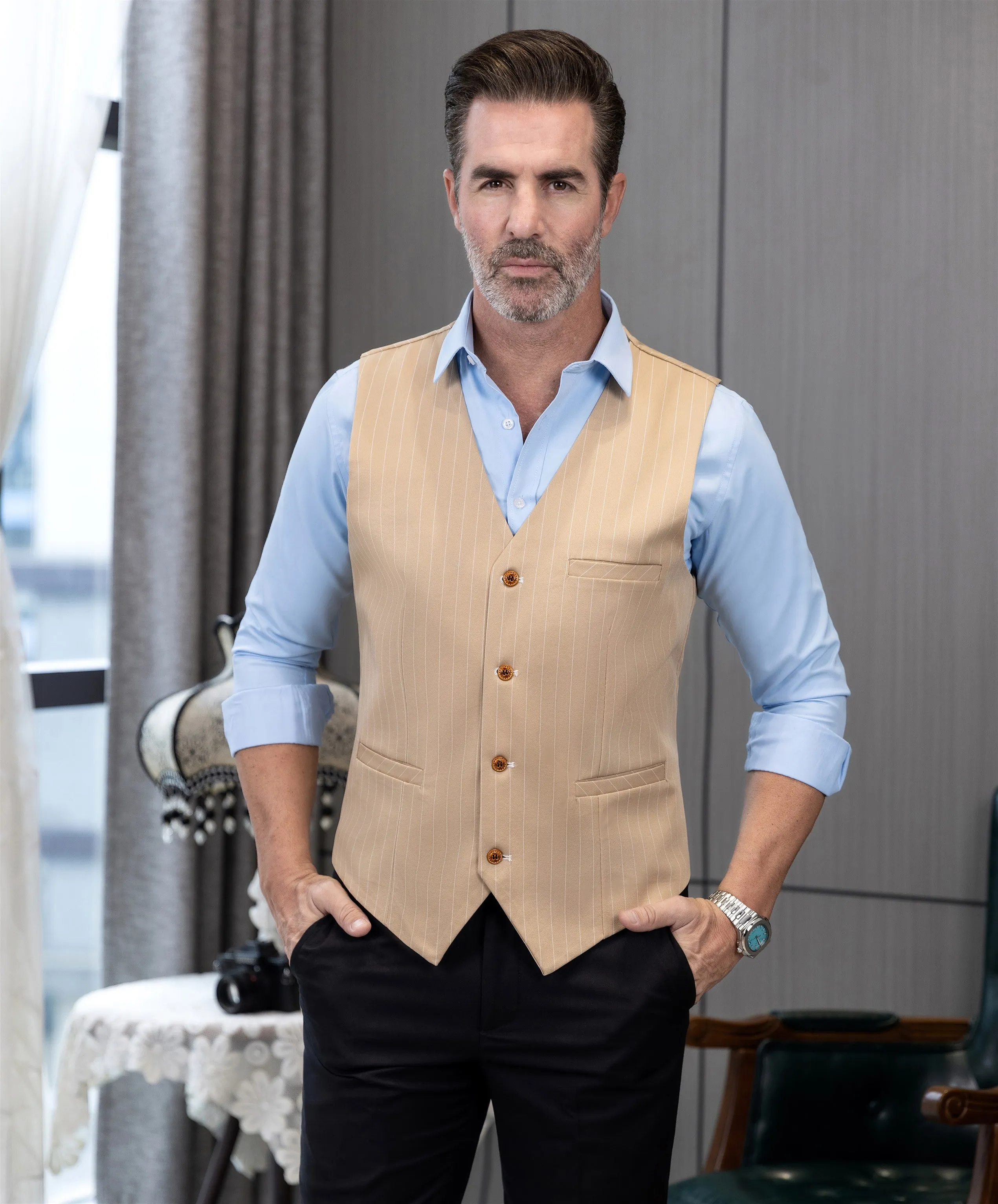 Fashion Men's Vest Stripe V Neck Waistcoat