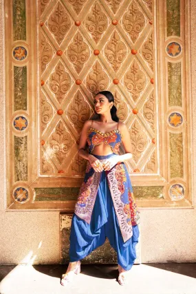 Flambe- Blue Dhoti Jumpsuit With Orange Printed Flowers