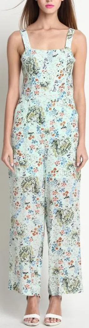 Floral-Printed Blue Silk Jumpsuit