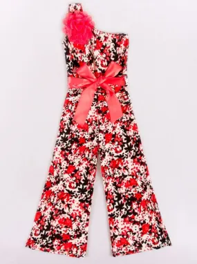 Girls Floral One Shoulder Palazzo Jumpsuit with Flower Trim And Sash