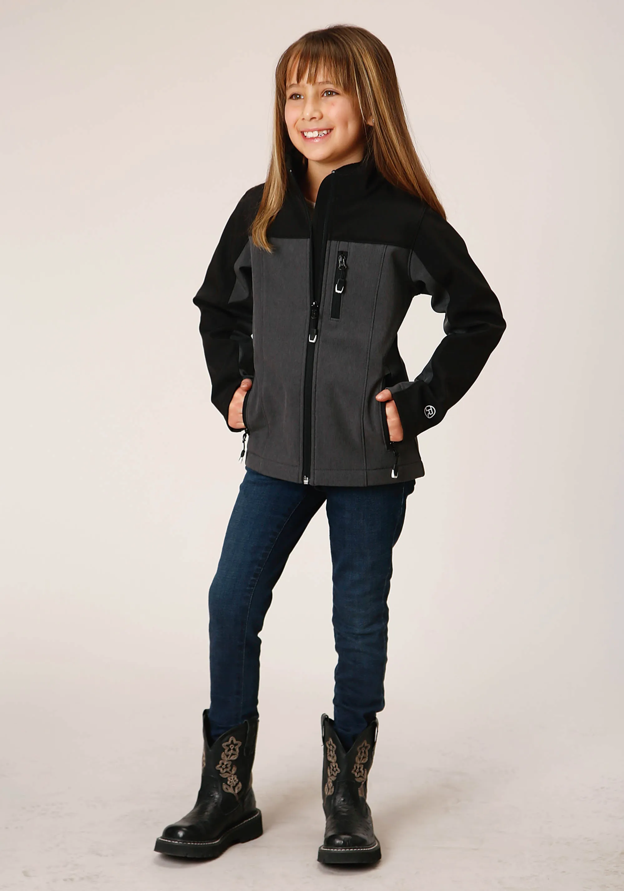 GIRLS  GREY BLACK COMBO SOFT SHELL TECH JACKET