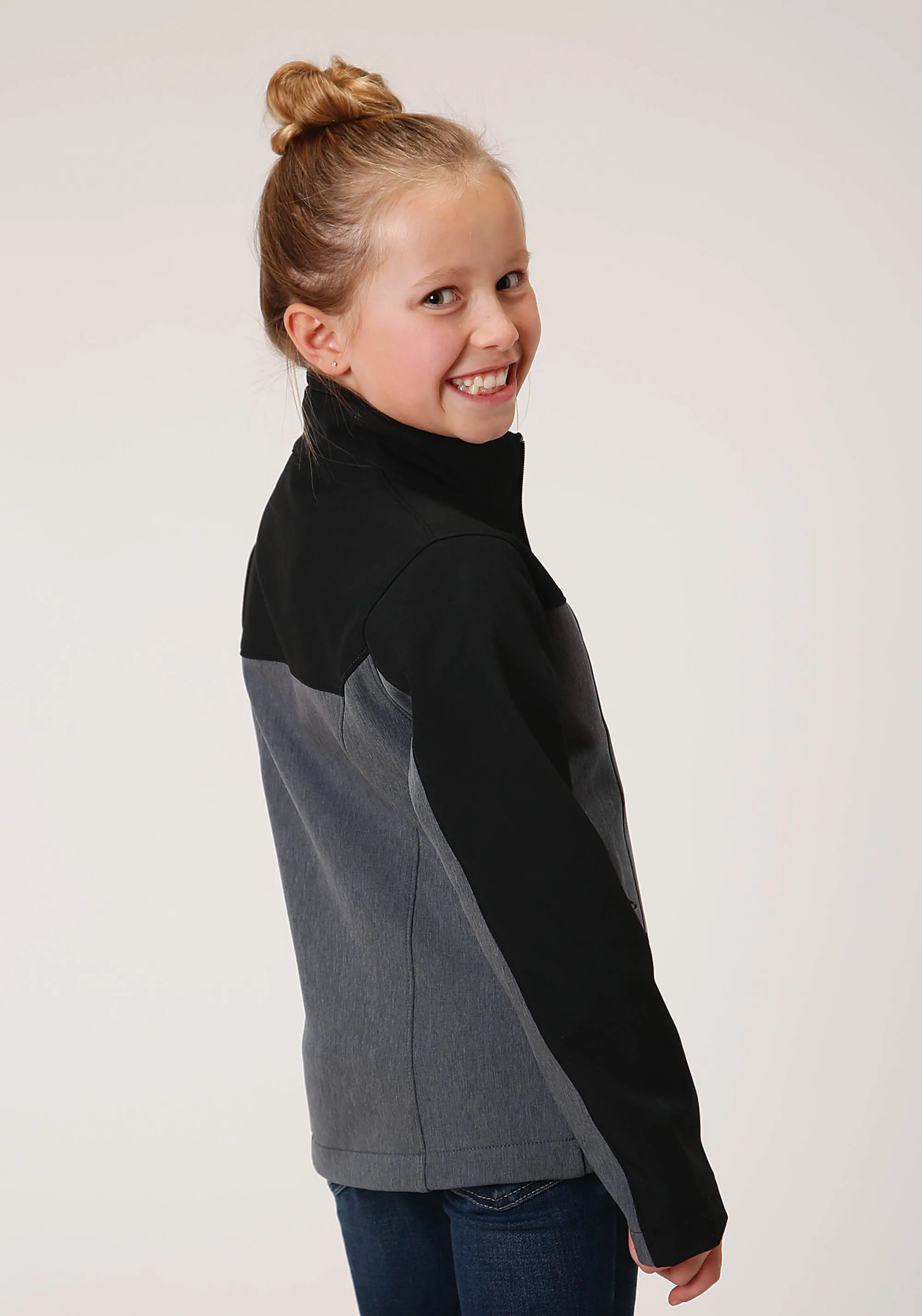 GIRLS  PIECED GREY BLACK SOFTSHELL TECH JACKET