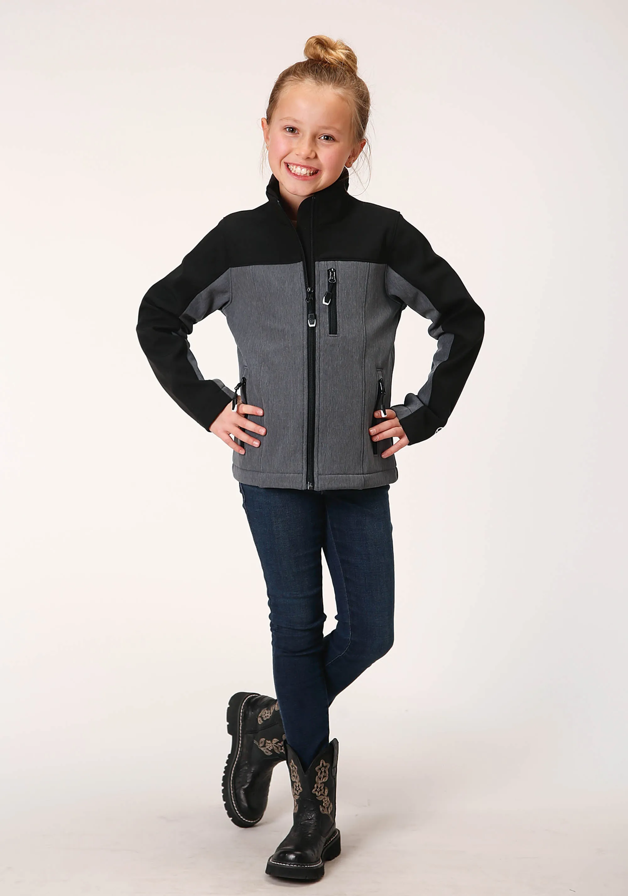 GIRLS  PIECED GREY BLACK SOFTSHELL TECH JACKET