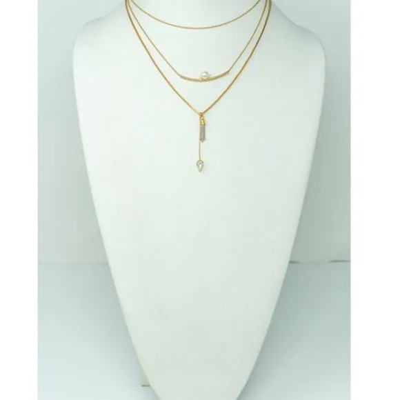 Gold Pearl Tassel Rhinestone Layer Necklace