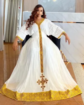 Golden Yellow Habesha Kemis Ethiopian Traditional Dress