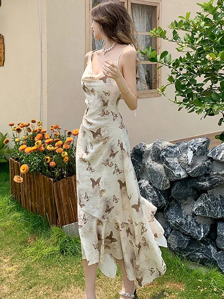 Hnzxzm 2024 New Print Chiffon Bow Sling Long Dress Summer Elegant Ruffled Mermaid Dress Women Korean Fashion Bodycon Casual Beach Dress