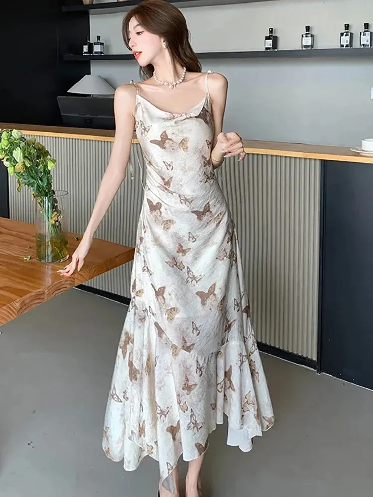 Hnzxzm 2024 New Print Chiffon Bow Sling Long Dress Summer Elegant Ruffled Mermaid Dress Women Korean Fashion Bodycon Casual Beach Dress