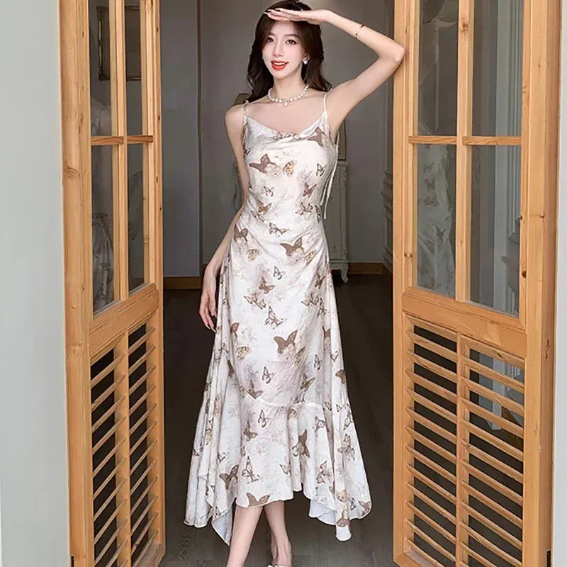 Hnzxzm 2024 New Print Chiffon Bow Sling Long Dress Summer Elegant Ruffled Mermaid Dress Women Korean Fashion Bodycon Casual Beach Dress