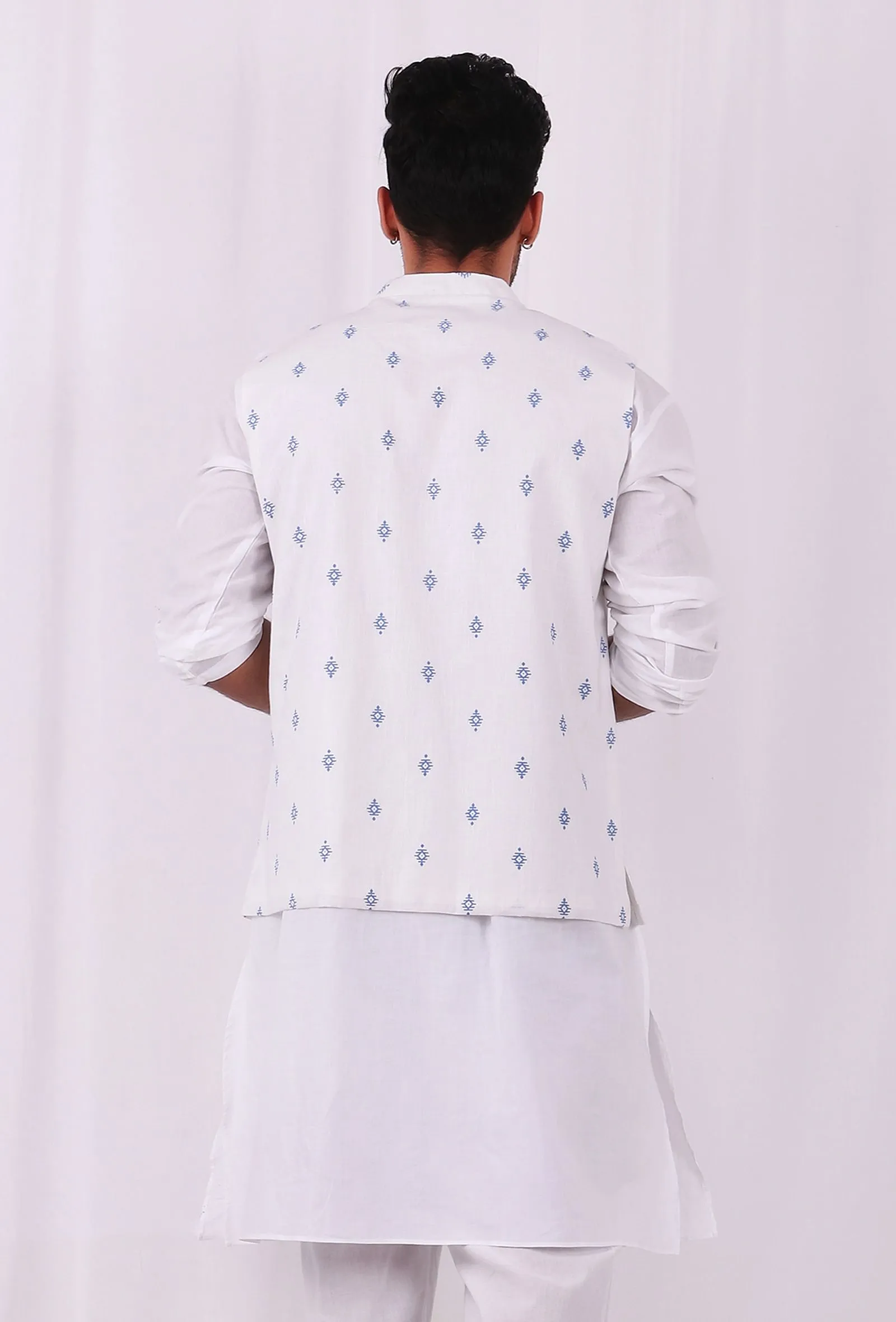 Irish White Floral Hand Block Nehru Cotton Jacket