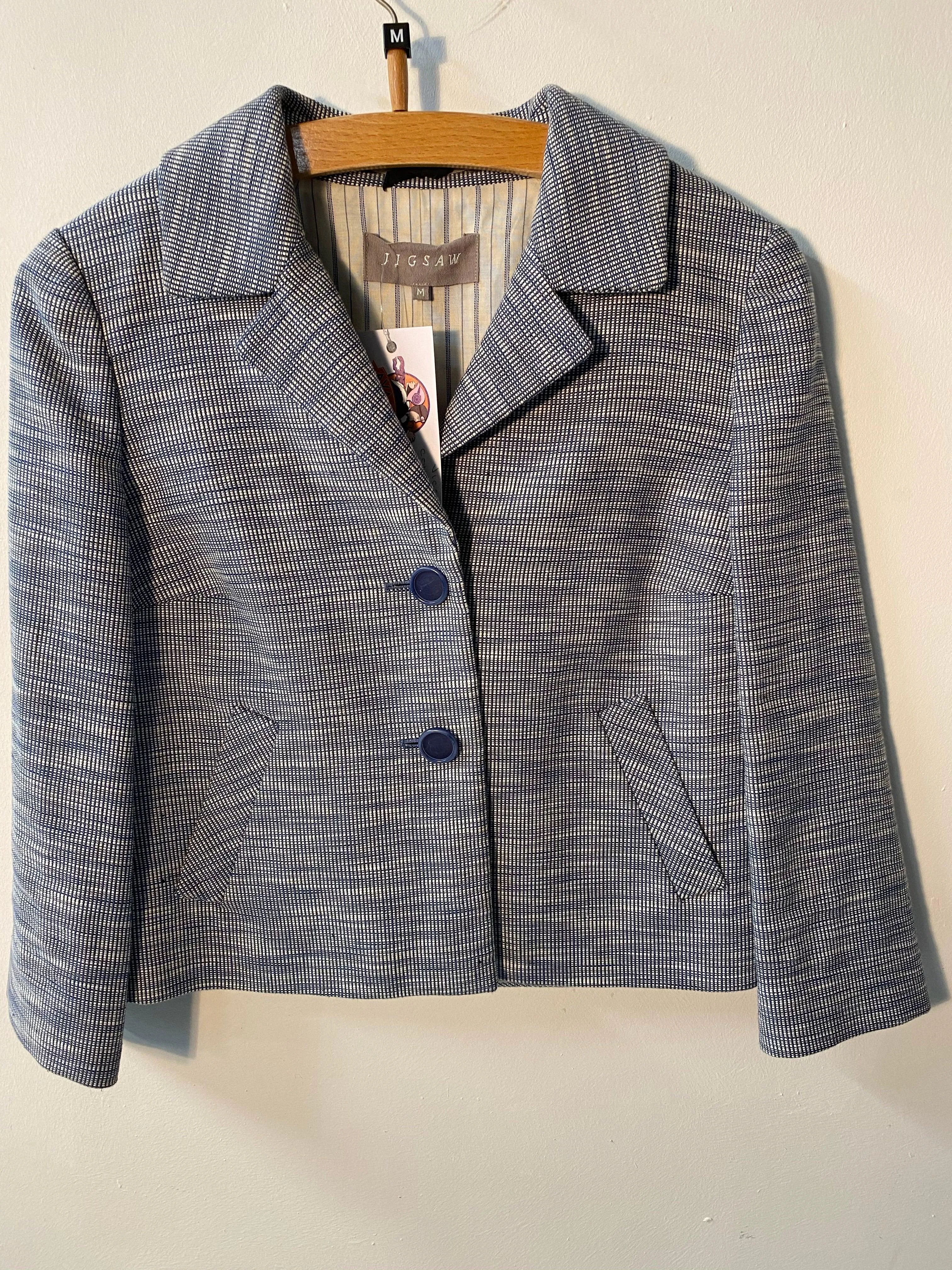 Jigsaw Jacket  Blue & White Cotton and Llnen Mix Size M