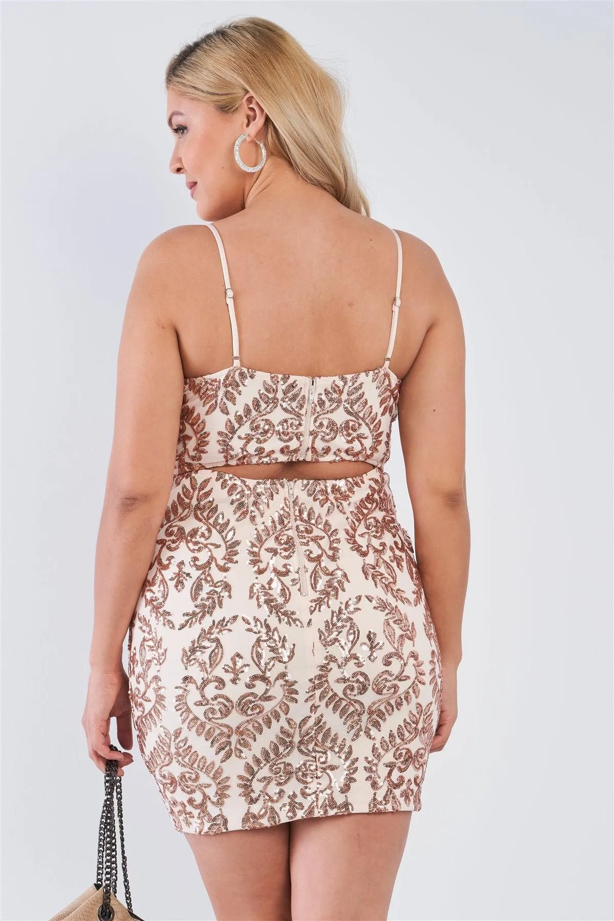 Junior Plus Size Champagne Open Back V-Neck Sequin Bodycon Mini Dress /2-1-1