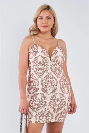 Junior Plus Size Champagne Open Back V-Neck Sequin Bodycon Mini Dress /2-1-1