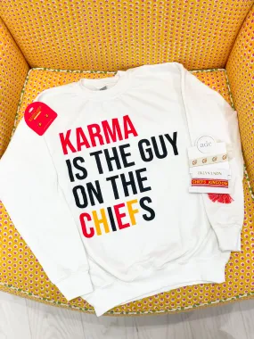 Karma is the guy on the team sweatshirt