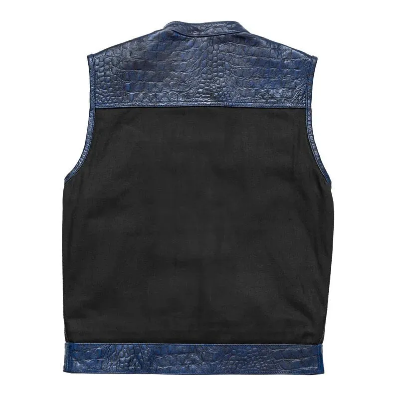 Leather Vest ,Crockodile Plated Leather blue Wax Motorcycle Mens Vest Denim Vest Black Vest