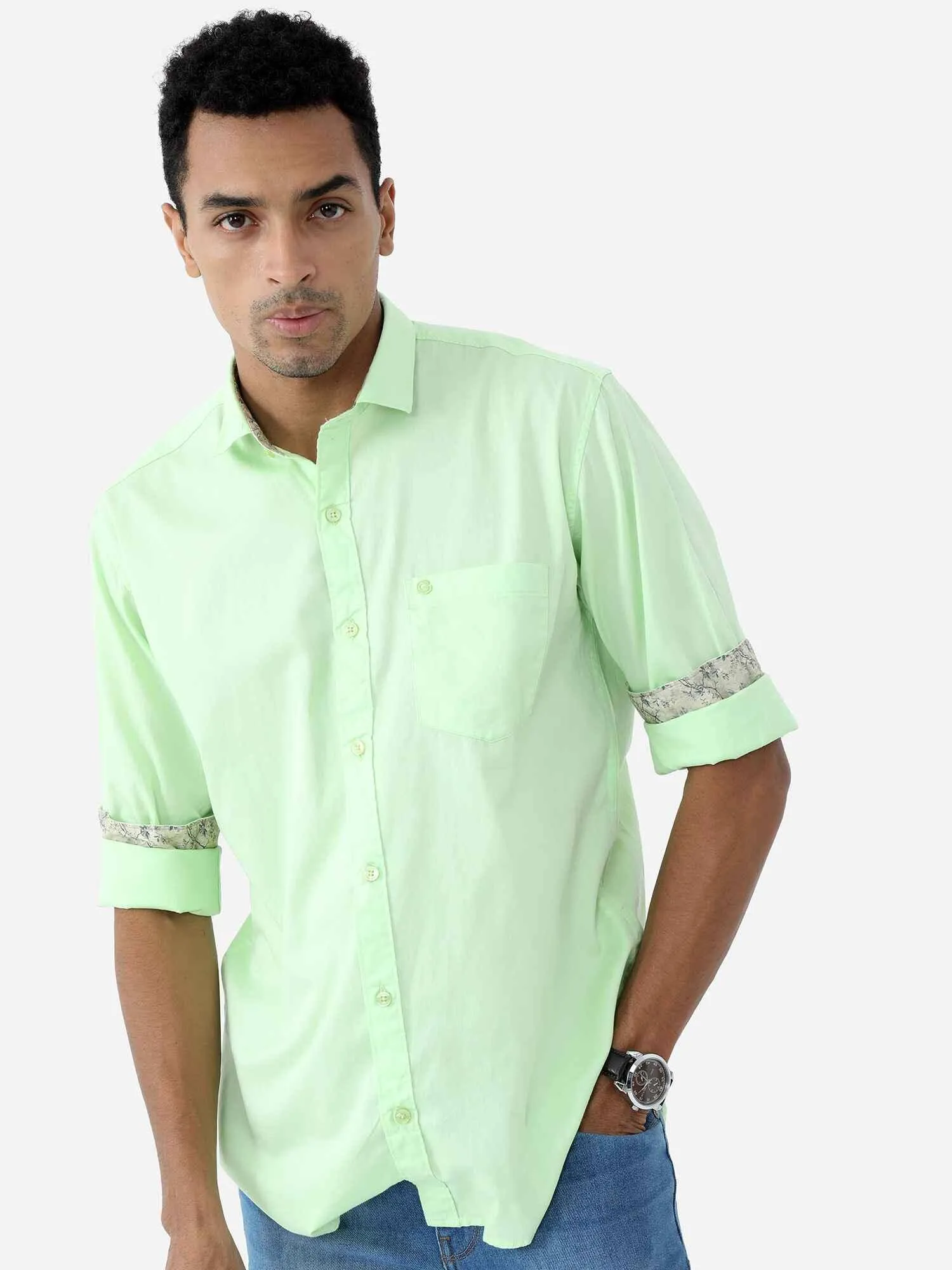 Lemon Green Solid Cotton Full Sleeve Shirt