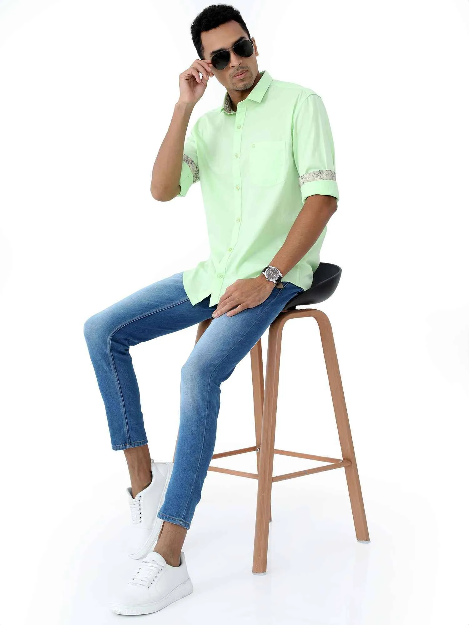 Lemon Green Solid Cotton Full Sleeve Shirt