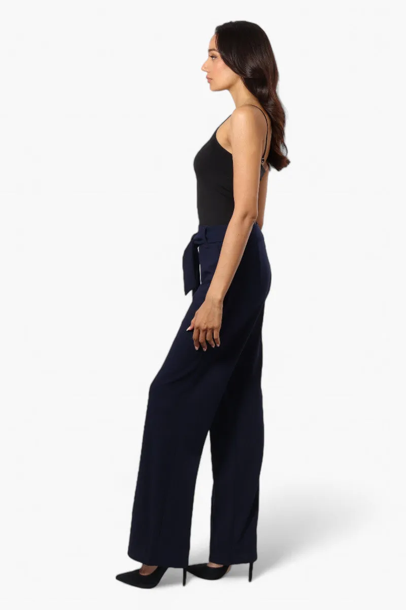 Limite Solid Belted Pants - Navy