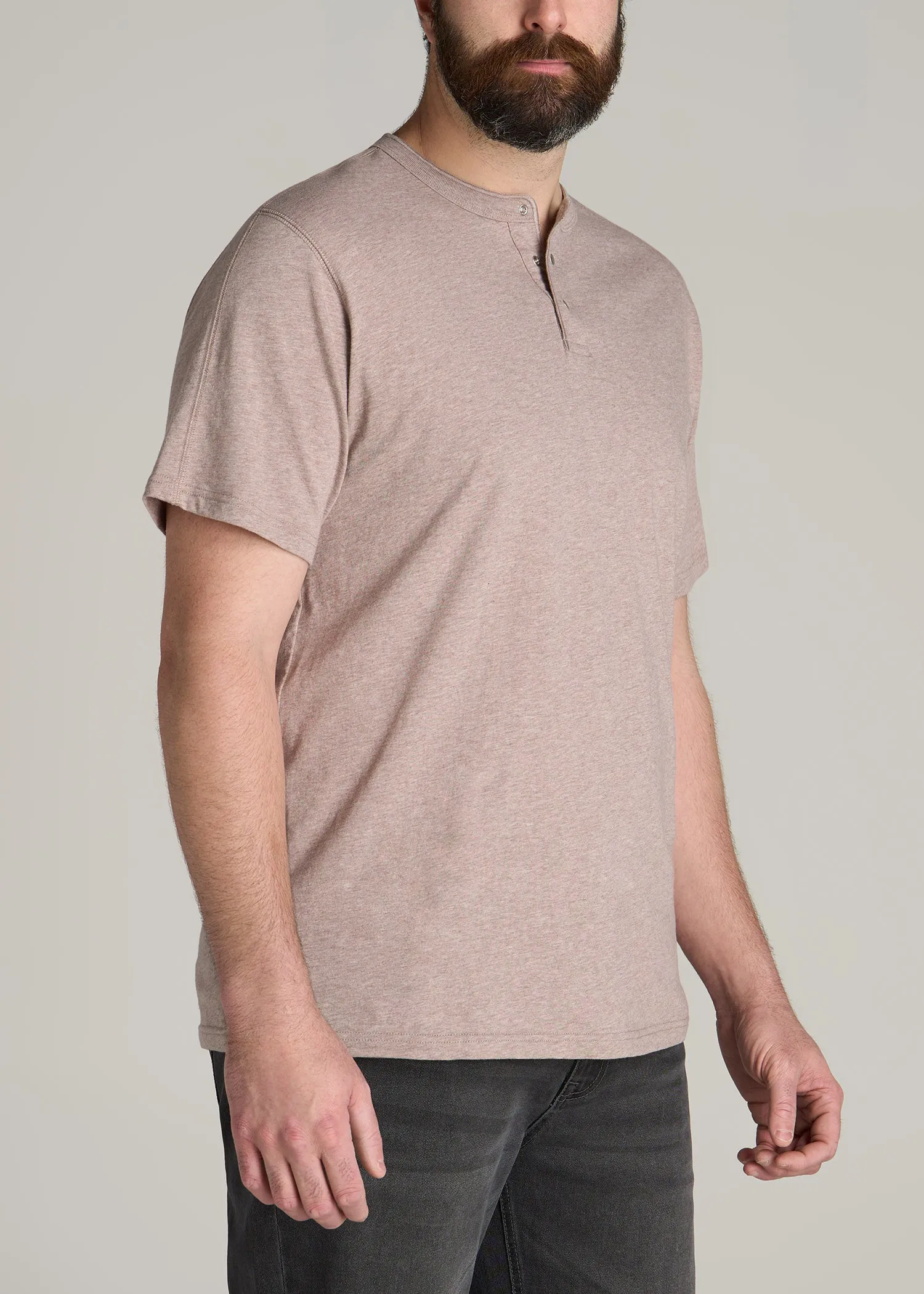 LJ&S REGULAR-FIT Jersey Henley Tee for Tall Men in Heathered Taupe