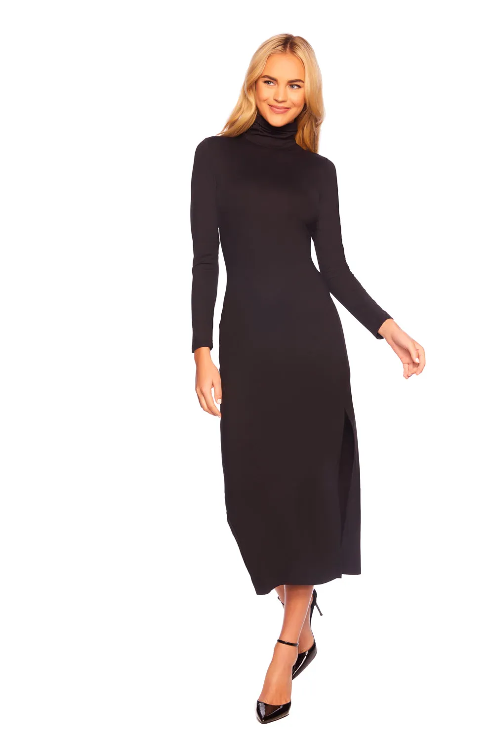 long sleeve turtleneck slit dress