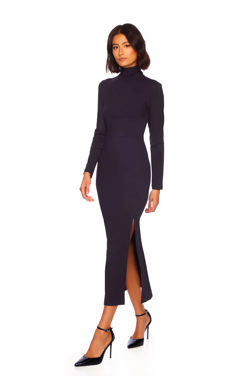 long sleeve turtleneck slit dress