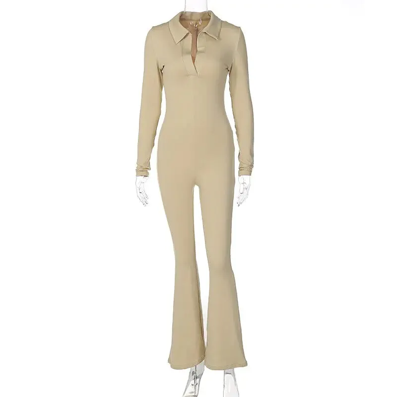 Long Sleeve V-Neck Skinny Jumpsuit^