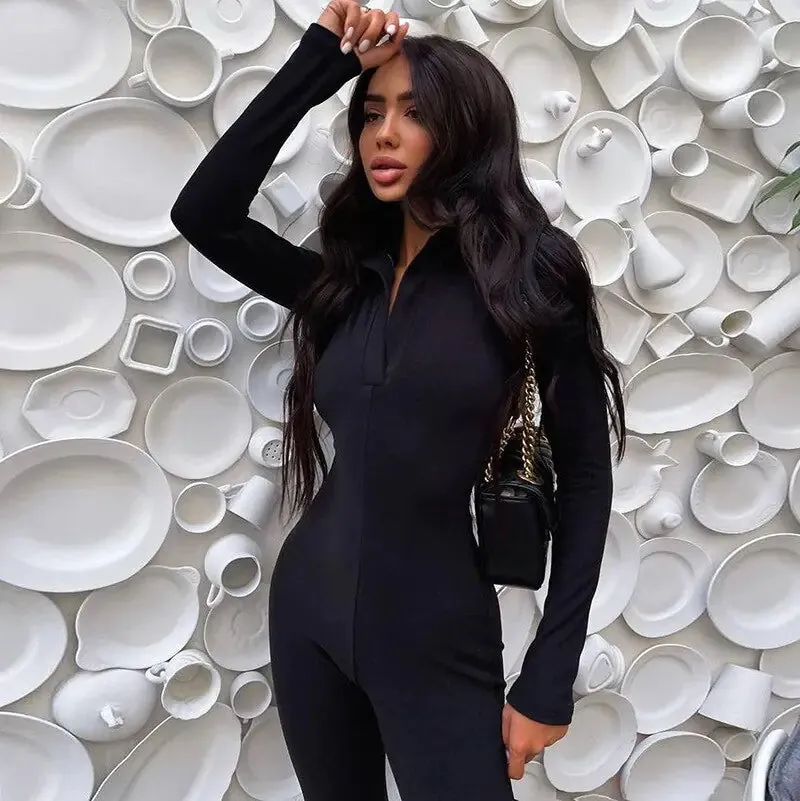 Long Sleeve V-Neck Skinny Jumpsuit^