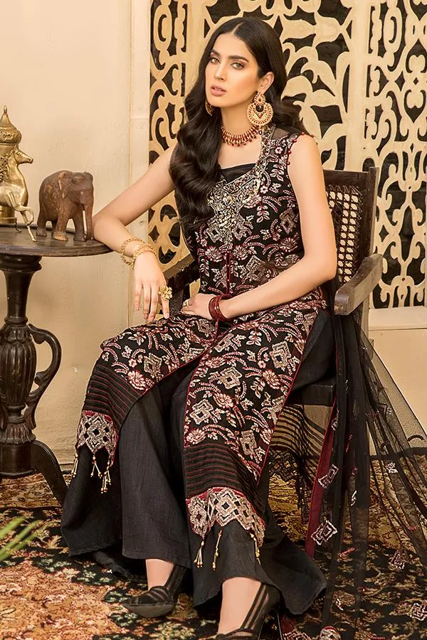 Maryam's Luxury Embroidered Chiffon Suit - Black